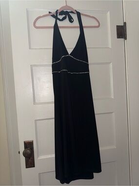 Y2K Black Halter Evening Dress with Rhinestone Trim